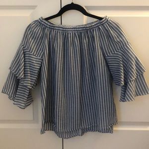 Blue and White Linen off the shoulder top
